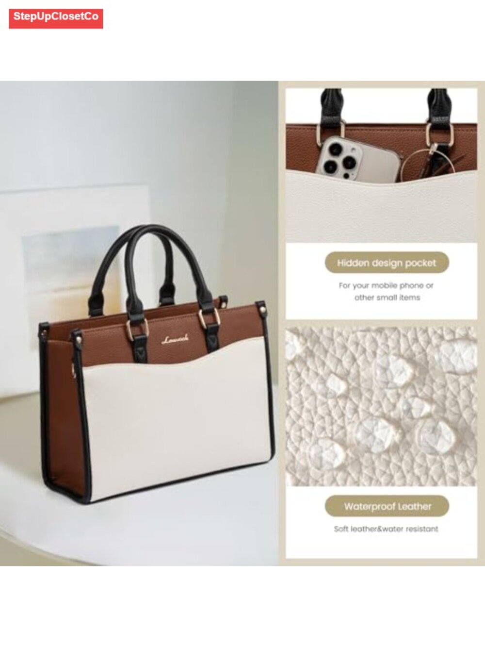 Vintage Color Block Satchel Tote Bag, Vegan Leather Top Handle Crossbody - Picture 4 of 6